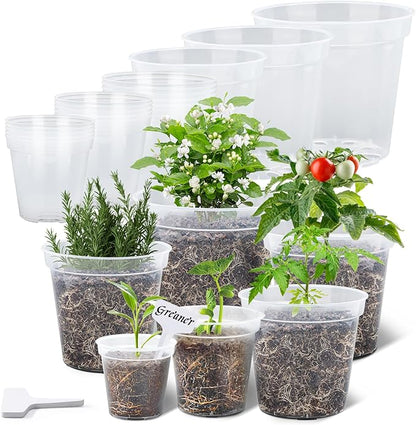 GREANER Nursery Pots for Plants, 4/5/6/7/8/9 Inch Reinforced Clear Plant Pots with Drainage Holes and 20 Pcs Plant Labels, Transparent Variety Pack Seedling Planter for Indoor Outdoor