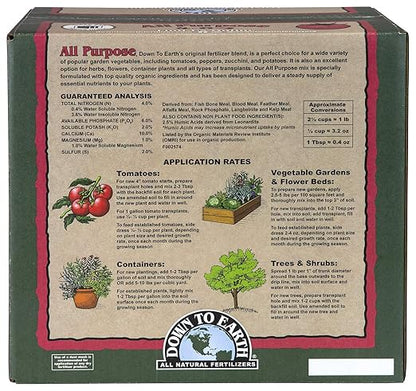 Down To Earth All Natural Fertilizers Organic All Purpose Tomato & Vegetable Mix - Plant Food for Tomatoes, Peppers, Herbs and Flowers 4-6-2, 15 lb