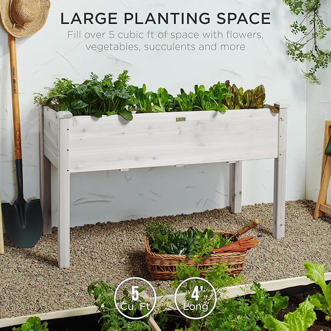 Best Choice Products 48x24x30in Raised Garden Bed, Elevated Wood Planter Box Stand for Backyard, Patio, Balcony w/Bed Liner, 200lb Capacity - White