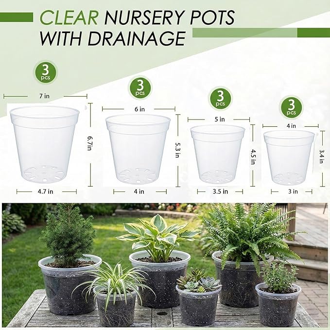 4/5/6/7 Inch Clear Nursery Pots with Drainage, 12 Pack Thick Reusable Planters, High Transparency, Weather-Resistant and Degradable Material, Ideal for Gardening Enthusiasts