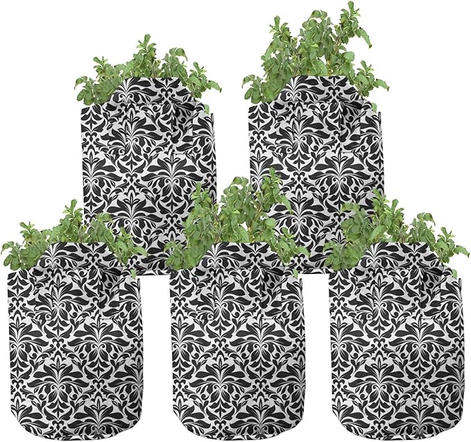 Ambesonne White Damask Grow Bags 5-Pack, Flourish Curls Strokes, Heavyduty Fabric Pots with Handles for Plants, Charcoal Grey