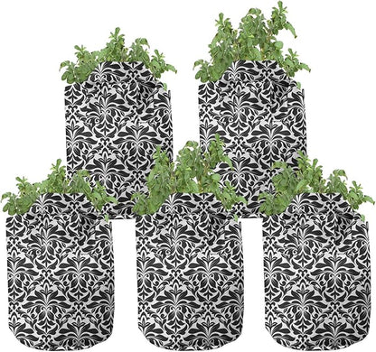 Ambesonne White Damask Grow Bags 5-Pack, Flourish Curls Strokes, Heavyduty Fabric Pots with Handles for Plants, Charcoal Grey