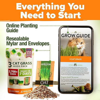 HOME GROWN 3 Cat Grass Seed Mix 2700 + Non-GMO Heirloom Oat, Alfalfa & Cat Grass Seeds | Indoor Pet Grass for Cats | High-Germination Greens for Hairball Control, Digestion, and Chewing Enrichment