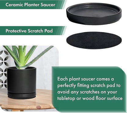 D'vine Dev Modern Round 3.7 Inch Ceramic Plant Pot Saucer, Planter Pot Drainage Tray for Indoor Plants, Set of 4, Matte Black, 97-T-B-11