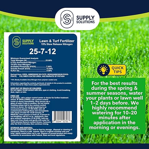 Supply Solutions 25-7-12 Lawn and Turf Fertilizer - 15% Slow Release Nitrogen Lawn Fertilizer for All Grass Types, Shrubs - Turf Builder Plant Food Covers 2,500 sq.ft (10lbs)