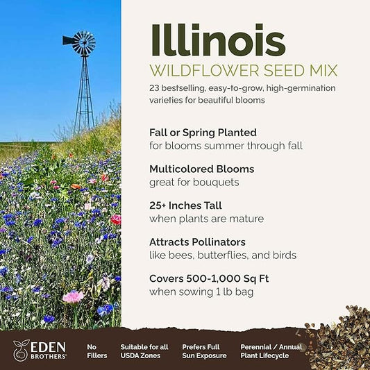 Eden Brothers Illinois Wildflower Mixed Seeds for Planting, 1 lb, 480,000+ Seeds with Cosmos, Blanket Flower | Attracts Pollinators, Plant in Spring or Fall, Zones