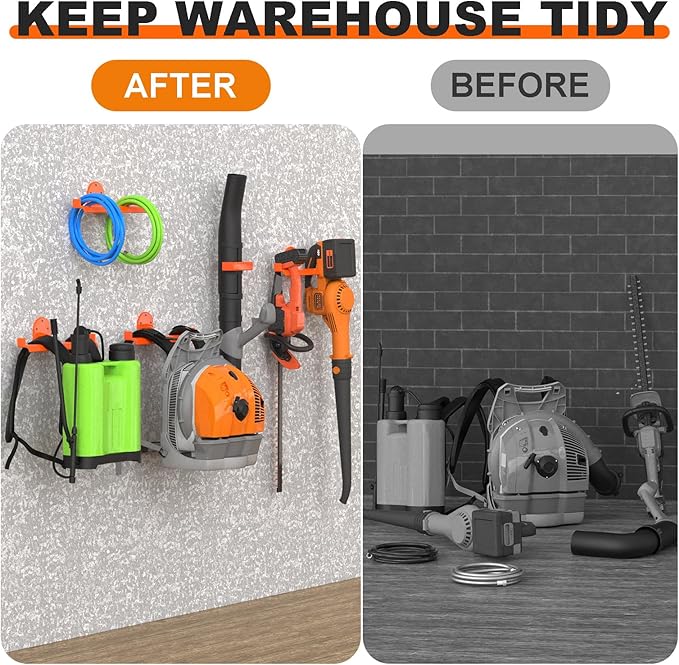 1 Pack Backpack Blower Rack, Heavy Duty Anti-Scratch Leaf Blower Hanger with Hose Holder, Backpack Sprayer Wall Mount for Garage, Warehouse & Outdoor Tool Storage