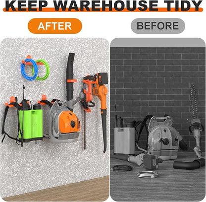 4 Pack Backpack Blower Rack, Heavy Duty Anti-Scratch Leaf Blower Hanger with Hose Holder, Backpack Sprayer Wall Mount for Garage, Warehouse & Outdoor Tool Storage