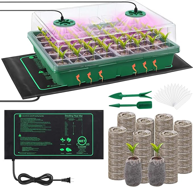 Seed Starter Kit with Grow Light Seedling Heat Mat 48 Cells Seed Starter Tray with Humidity Dome and Base Germination Trays Plastic Growing Trays Plant Propagation Kit for Seed Starting, Green
