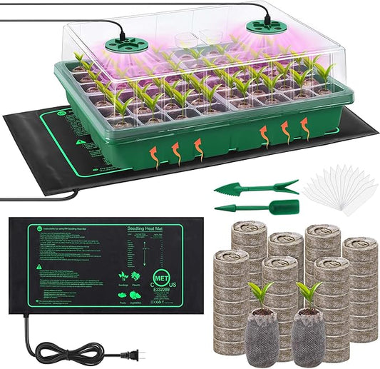 Seed Starter Kit with Grow Light Seedling Heat Mat 48 Cells Seed Starter Tray with Humidity Dome and Base Germination Trays Plastic Growing Trays Plant Propagation Kit for Seed Starting, Green