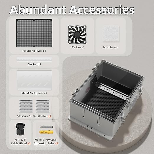 Joinfworld Outdoor Electrical Vented Box Outdoor Waterproof Junction Enclosure 16x11x6 Plastic WiFi Box with Stainless Steel Buckle Dust Screen 12V Fan