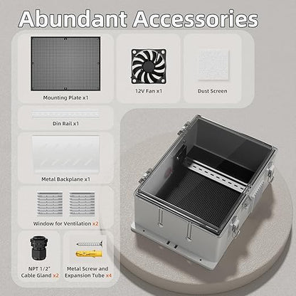 Joinfworld Outdoor Electrical Vented Box Outdoor Waterproof Junction Enclosure 16x11x6 Plastic WiFi Box with Stainless Steel Buckle Dust Screen 12V Fan