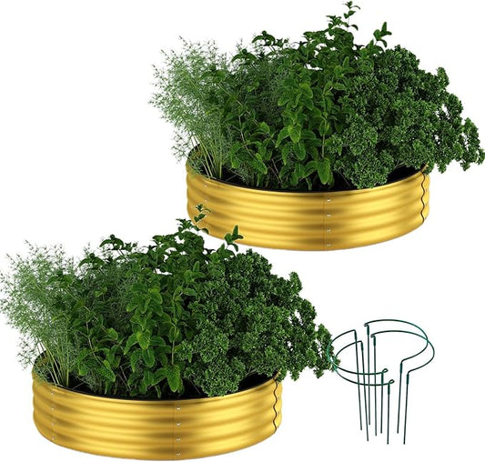 Galvanized Metal Planter Round Raised Garden Bed Kit for Gardening Outdoor Galvanized Planter Outdoor 2PC Gold 2X2X1FT