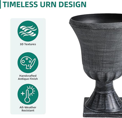 22" Large Urn Planters Set of 2, Washed Black Planters for Indoor Outdoor Plants, Versatile Outdoor Flower Pots w/Drainage Holes for Balcony, Patio, Garden, Porch & Living Room Decor