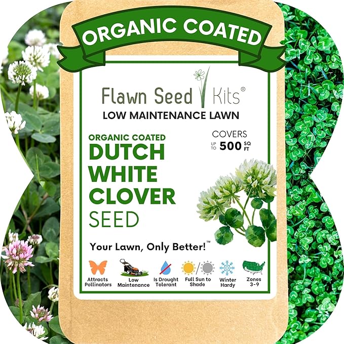 Flawn Seed Kits White Dutch Clover Seed, 2.2 Oz, Organic Coated, Natural Lawn, Ground Cover, Hunting Food Plot, Covers up to 500 SqFt
