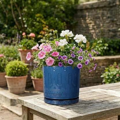 Ceramic Planter, 6 Inch Plant Pot with Drainage Hole and Tray, Round Flower Pots for Indoor Outdoor Plants, Boho Decorative Pots for Plants, Bookshelf Decor, House Warming Gift, Blue