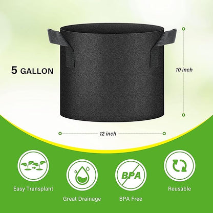 HealSmart 12-Pack 5 Gallon Grow Bags, Nonwoven Aeration Fabric Pots with Handles, Cloth Plant Pots, Suitable for Garden Fruits, Vegetables, Tomato and Flowers, Black