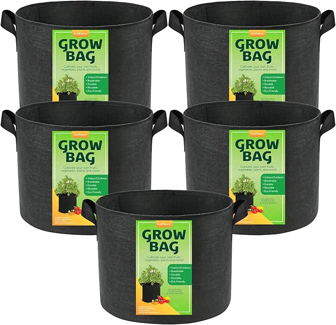 LotFancy 5 Pack 5 Gallon Grow Bags, Thickened Nonwoven Fabric Pots with Reinforced Handles, Heavy Duty 300G Aeration Planter Bags for Vegetables Flowers Fruits, Black