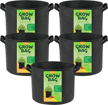 LotFancy 5 Pack 5 Gallon Grow Bags, Thickened Nonwoven Fabric Pots with Reinforced Handles, Heavy Duty 300G Aeration Planter Bags for Vegetables Flowers Fruits, Black