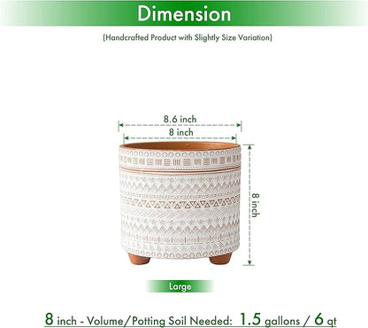 D'vine Dev 8 Inch Terracotta Planter Pot, Modern Design Ceramic Plants Pot with Drainage Hole, Saharan Script, 33-953-D-1