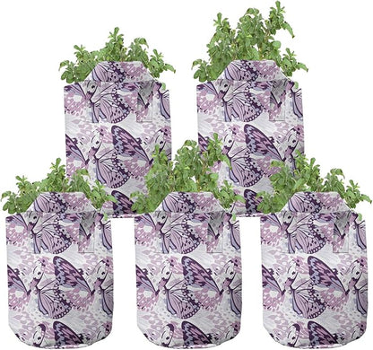 Ambesonne Butterfly Grow Bags 5-Pack, Abstract Exotic Wings, Heavyduty Fabric Pots with Handles for Plants, Pink