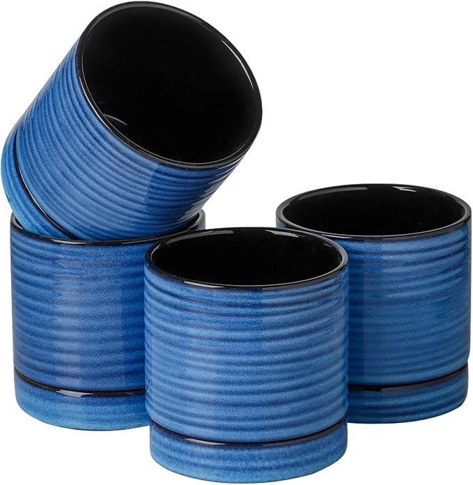 HASENSE Ceramic Plant Pots, 4.6 Inch Succulent Flower Pots for Indoor Plants, Modern Glaze Planter with Drainage Hole and Saucer, Blue Mini Windowsill Tabletop Decor, Set of 4