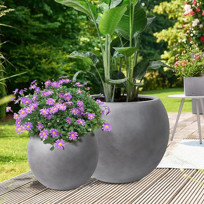 16" Diameter 12" Pot Opening Modern Round Fiberstone Planter with Drainage Hole& Rubber Plug, Indoor/Outdoor Plant Pot for Home Patio Garden, Ideal for Artificial Plants- Medium, Grey