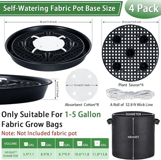 4 Pack 14'' Self-Watering Fabric Pot Base - Auto-Irrigation System Plant Saucer for 5 Gallon Fabric Pot, Auto Watering Plant Water Tray Self Watering System for Indoor Greenhouse Grow Tent Garden