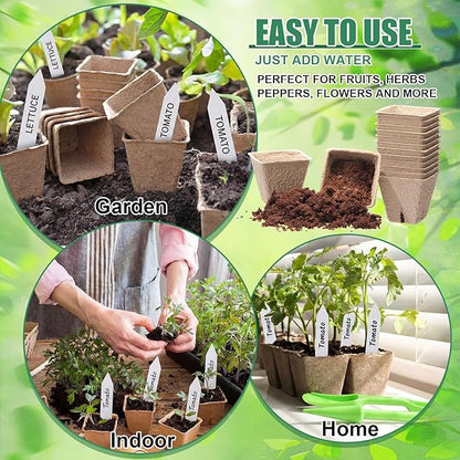 500 Sets Seedling Starter Kit with Square Peat Pots 2.36", Organic Coco Coir Pellets 30 mm, Labels, & Transplant Tools, Biodegradable Nursery Pot with Drainage Hole Potting Soil for Plant