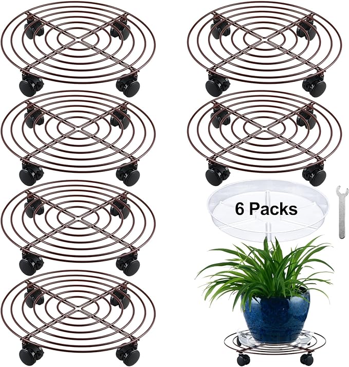 6 Packs Large Metal Plant Caddy with Wheels 14" Rolling Plant Stands Heavy-duty Wrought Iron Plant Roller Base Pot Movers Plant Saucer on Wheels Bronze