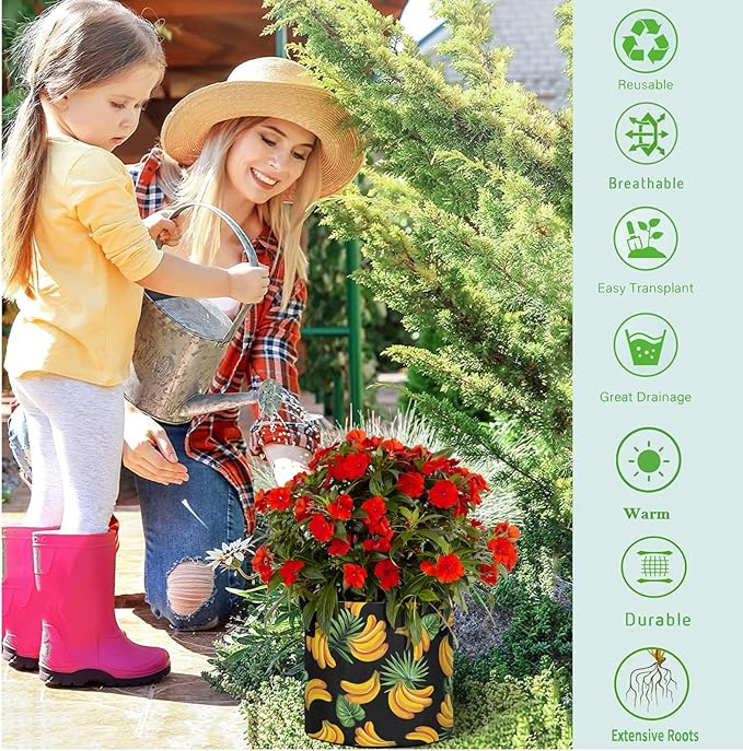 3 Gallon Tropical Leaves Banana Black Breathable Grow Bag Heavy Duty Thickened Plant Pot Containers with Handles for Tomato Potato Fruits Vegetables Flowers