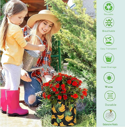 3 Gallon Tropical Leaves Banana Black Breathable Grow Bag Heavy Duty Thickened Plant Pot Containers with Handles for Tomato Potato Fruits Vegetables Flowers