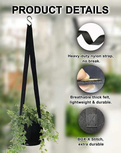 Dual-Use Felt Hanging Planter & Plant Hanger Set - 2 Pack 6.5 Inch with 2 Hooks, Breathable Hanging Planter Basket for Indoor/Outdoor, Balcony Planter for Succulent, Strawberry, Herbs, Orchids (Black)