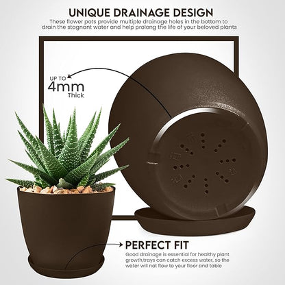 Utopia Home - Plant Pots Indoor with Drainage - 7/6.6/6/5.3/4.8 Inches Garden Flower Pots for Indoor Planter - 5 Pack Brown Plastic Planters - Ideal for Stocking Stuffers or Room, Office Home Decor