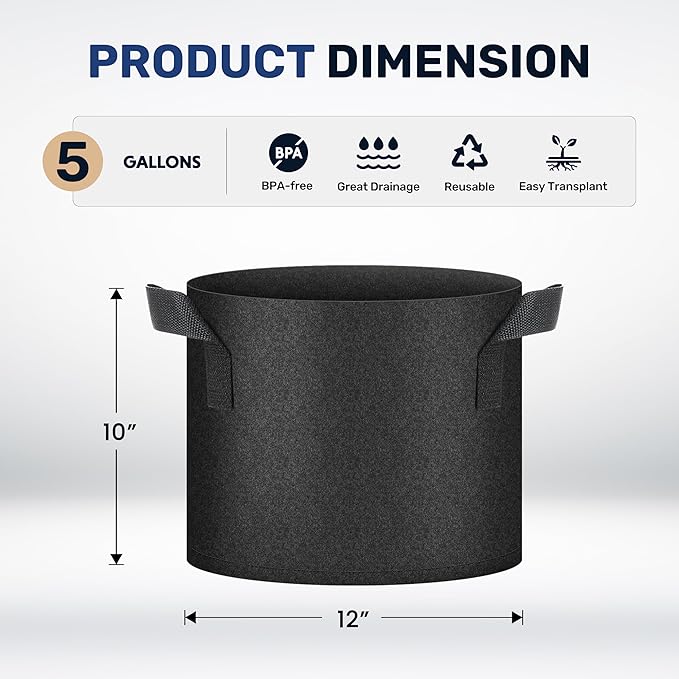 Simple Deluxe 5 Gallon 20 Pack Grow Bags with Handles, Vegetable/Flower/Plant Nonwoven Aeration Fabric Plant Pots Gardening Planter for Potato, Tomato and Fruits, Black