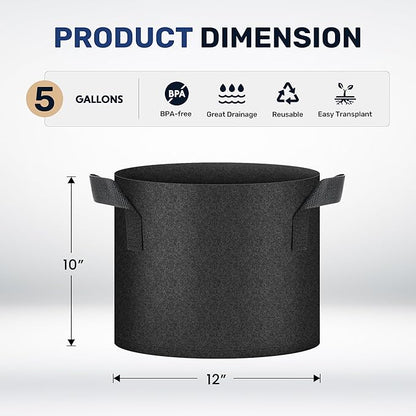 Simple Deluxe 5 Gallon 20 Pack Grow Bags with Handles, Vegetable/Flower/Plant Nonwoven Aeration Fabric Plant Pots Gardening Planter for Potato, Tomato and Fruits, Black