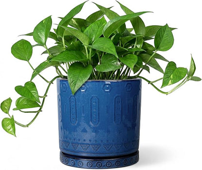 Ceramic Planter, 6 Inch Plant Pot with Drainage Hole and Tray, Round Flower Pots for Indoor Outdoor Plants, Boho Decorative Pots for Plants, Bookshelf Decor, House Warming Gift, Blue