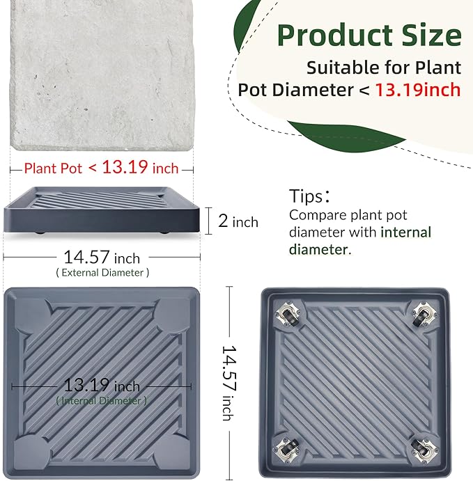 2PCS Square Plant Caddy with Hidden Wheels, Heavy Duty Rolling Plant Stand Caddy with Wheels, Pot Base for Indoor Outdoor, Gray, 14 inches