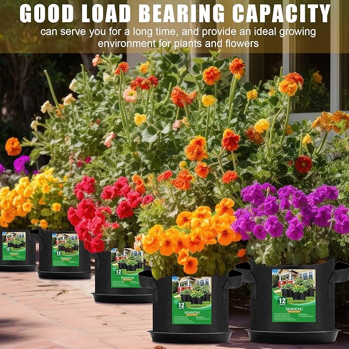 12 Sets 5 Gallon Grow Bags with Plant Saucers, Durable Fabric Plant Pots with Handles, Aeration Drainage Planter Bags for Planter, Reusable Garden Bags Drip Trays Set for Indoor Outdoor