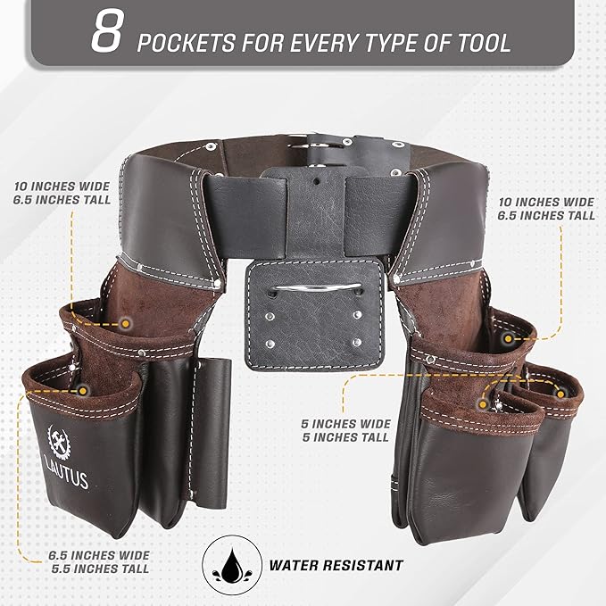 LAUTUS Oil Tanned Leather Tool Belt Rig, Carpenter, Construction, Framers, Handyman - 100% LEATHER |Adjustable Pockets| 8 Pockets | 4 Loop & Hammer Holder|