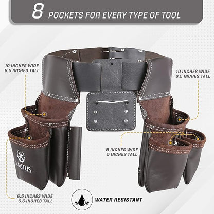 LAUTUS Oil Tanned Leather Tool Belt Rig, Carpenter, Construction, Framers, Handyman - 100% LEATHER |Adjustable Pockets| 8 Pockets | 4 Loop & Hammer Holder|