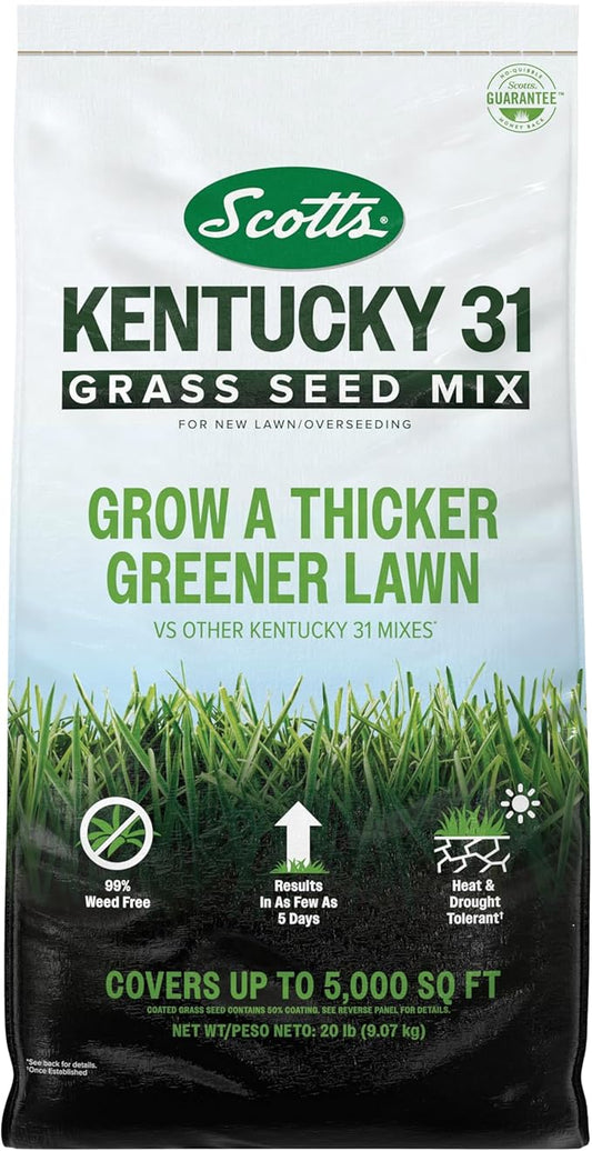 Scotts Kentucky 31 Grass Seed Mix for New Lawns or Overseeding - Lawn Grass Seed That Grows Thicker and Greener vs. Other Kentucky 31 Mixes, Covers up to 5,000 sq. ft.