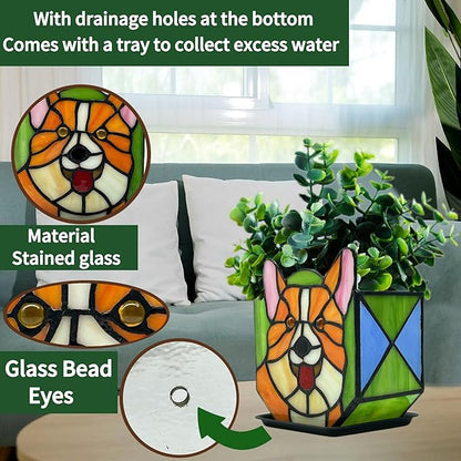 Corgi Planter - Cute Stained Glass Dog Flower Pots, Plant Pot with Drainage, Succulent Planters, Corgi Gifts, Christmas Decorations
