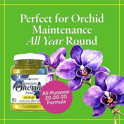 Grow More All Purpose Orchid Fertilizer 20-20-20 for Soil Maintenence Year Round - 10oz of Water Soluble Orchid Food Fertilizer - Plant Food for Healthy Growth & Vibrant Blooms