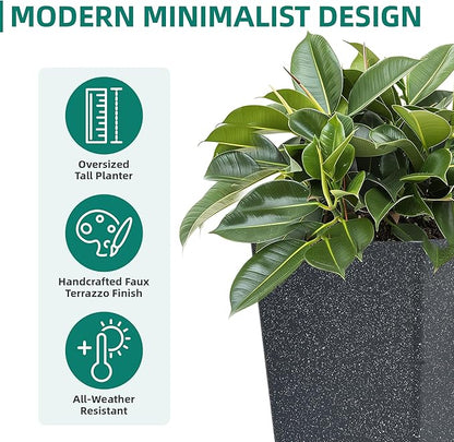 28" Plant Pots Tall Planters for Plants Outdoor Set of 2 Plastic Planter Pot Large Flower Pots Indoor Weather-Resistant for Patio, Porch, Garden, Front Door Christmas Decor Terrazzo Black