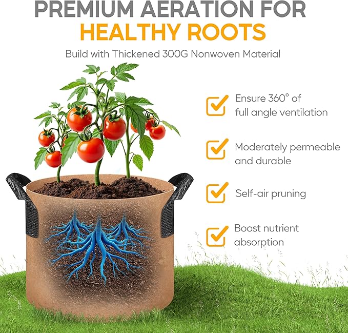 HealSmart Grow Bags 10 Pack 2 Gallon Breathable Reusable Planting Bags with Handles Non-Woven Fabric Plant Bags, Heavy Duty Gardening Pots for Indoor Hydroponic & Outdoor Vegetables Tomatoes