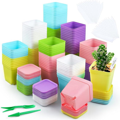 120 Pack Mini Plastic Planters 3 Inch Flower Seedling Nursery Pots with Pallet Colorful Square Flower Plant Pots Seed Starting Pots with Labels and Tools for Home Garden Flowers Plants,6 Colors
