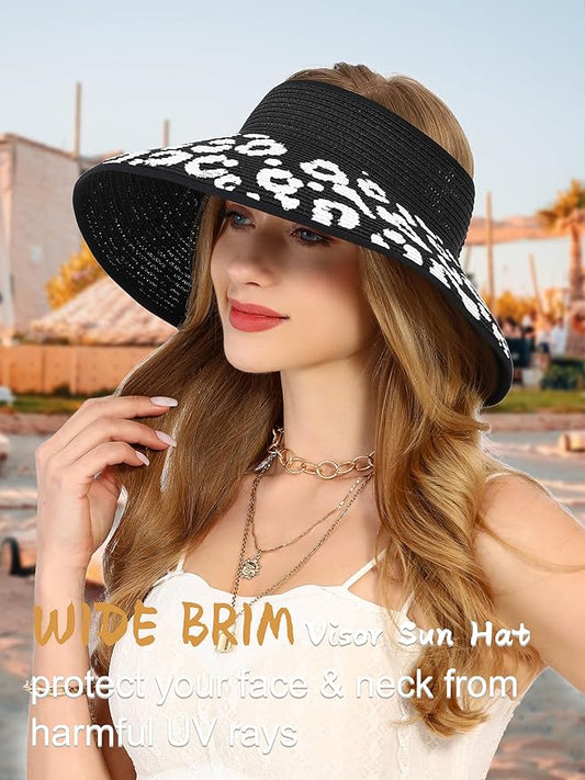 Womens Beach Straw Sun Hats Ponytail Hole Wide Brim Summer Visor Foldable Hat Sun Protection Packable for Travel Pool