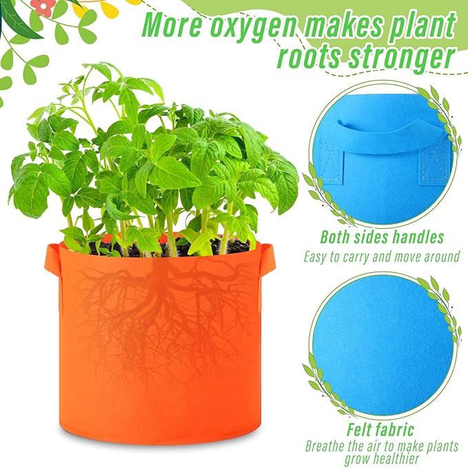 Colored Fabric Grow Bags Bulk Colorful Plant Grow Bags Nonwoven Fabric Pots with Handles Seeds Vegetables Tomato Planter Grow Buckets for Outdoor Garden Fruits Flower, 10 Colors(10 Pack,5 Gal)