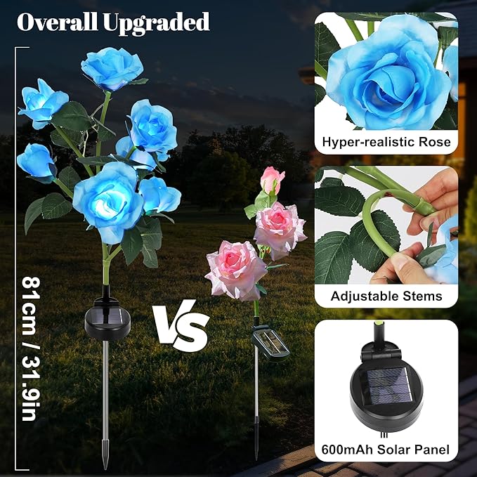Solar Rose Lights Outdoor, 2 Pack with 14 Rose Flowers Waterproof Color Changing LED Flower Lights, Solar Powered Garden Stakes for Yard, Patio, Pathway Decor - Artificial Floral Decorative Lighting